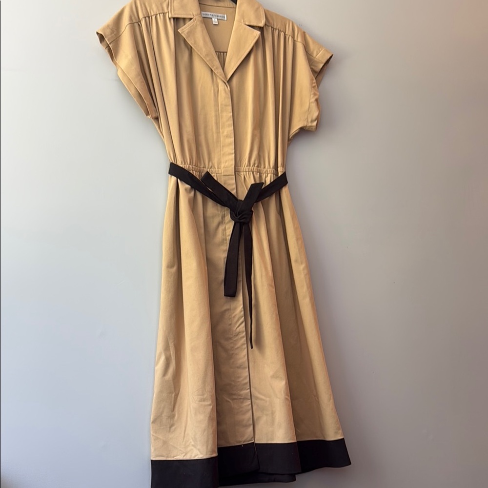 Sandra Darren Tan Midi Shirt Dress with Black Trim and Belt